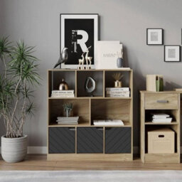 Urbn-Living Urbnliving Asymmetrical 8 Cube Oak Bookcase Freestanding Storage Unit With 3 Line Design Doors - Black - thumbnail 4
