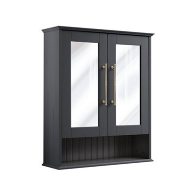 Homestylestore 650 X 750mm Black Grey Wall Mounted Mirrored Door Bathroom Cabinet And Brushed Brass T Bar Handles - image 1