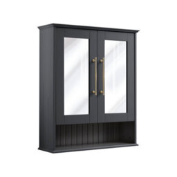Homestylestore 650 X 750mm Black Grey Wall Mounted Mirrored Door Bathroom Cabinet And Brushed Brass T Bar Handles