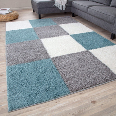 The Rugs Duck Egg Blue Grey And Ivory Soft Checkerboard Design Fluffy Shaggy Rugs And Runners High Pile Living Room Kitchen Hallway 381 - image 1
