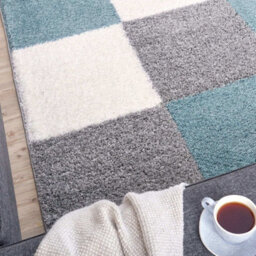 The Rugs Duck Egg Blue Grey And Ivory Soft Checkerboard Design Fluffy Shaggy Rugs And Runners High Pile Living Room Kitchen Hallway 381 - thumbnail 8