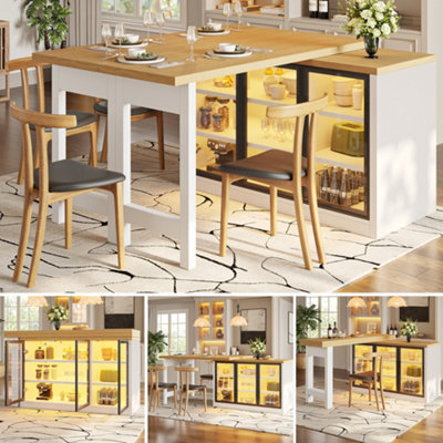 Btm Extendable Sideboard Dining Table Combo With Led Lights, Glass Display Cabinet, Space Saving, White - image 1