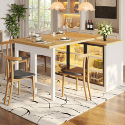 Btm Extendable Sideboard Dining Table Combo With Led Lights, Glass Display Cabinet, Space Saving, White - thumbnail 5