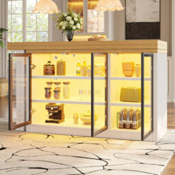 Btm Extendable Sideboard Dining Table Combo With Led Lights, Glass Display Cabinet, Space Saving, White - thumbnail 4