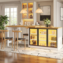 Btm Extendable Sideboard Dining Table Combo With Led Lights, Glass Display Cabinet, Space Saving, White - thumbnail 3