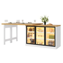 Btm Extendable Sideboard Dining Table Combo With Led Lights, Glass Display Cabinet, Space Saving, White - thumbnail 9
