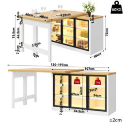 Btm Extendable Sideboard Dining Table Combo With Led Lights, Glass Display Cabinet, Space Saving, White - thumbnail 8