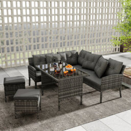 Abrihome 6-7 Seater Outdoor Patio Furniture,lounge Corner Sofa Set With Table Stool, Mixed Khaki Wicker With Light Grey Cushions