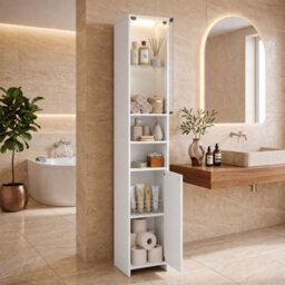 White Tall Bathroom Cabinet With Lights And Remote White Narrow Storage Cupboard - thumbnail 4