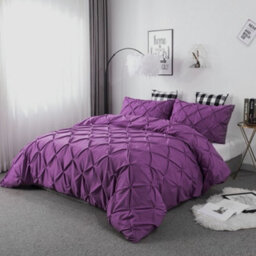 TheWhiteWater Limited Pintuck Duvet Cover Set + Matching Pillowcases With Bedsheet - 3In1 Hotel Style Bedding Set - Purple Plump - thumbnail 4