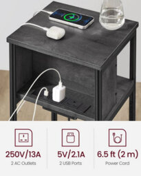 Songmics Compact Charging Nightstand, Narrow Bedside Table With Power Station, Small Space Table, Charcoal Grey And Ink Black - thumbnail 4