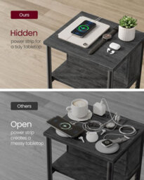 Songmics Compact Charging Nightstand, Narrow Bedside Table With Power Station, Small Space Table, Charcoal Grey And Ink Black - thumbnail 3