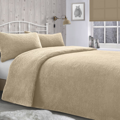 Velosso Teddy Fleece Duvet Cover & Pillowcase Set - Button Enclosure, Machine Washable Bedroom Essentials - Taupe
