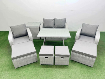 Fimous Rattan Garden Furniture Dining Set 8-Seater Patio Rectangular Table Sofa Set With Side Table 4 Stools Light Grey - image 1