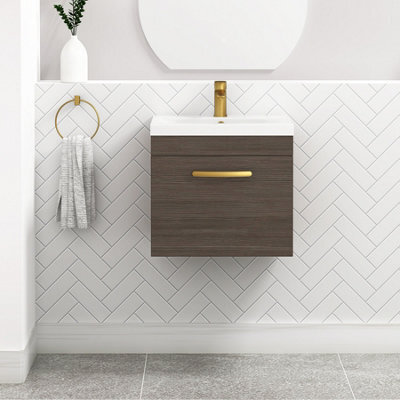 Royal Bathrooms Turin Grey Elm 500mm Wall Hung Vanity Unit 1 Drawer With Mid-Edge Basin Sink & Brushed Brass Handles - image 1