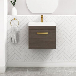 Royal Bathrooms Turin Grey Elm 500mm Wall Hung Vanity Unit 1 Drawer With Mid-Edge Basin Sink & Brushed Brass Handles - thumbnail 1