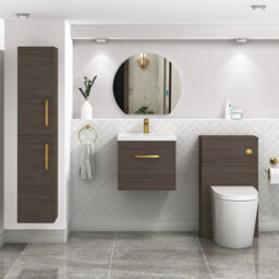 Royal Bathrooms Turin Grey Elm 500mm Wall Hung Vanity Unit 1 Drawer With Mid-Edge Basin Sink & Brushed Brass Handles - thumbnail 2