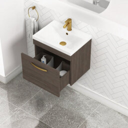 Royal Bathrooms Turin Grey Elm 500mm Wall Hung Vanity Unit 1 Drawer With Mid-Edge Basin Sink & Brushed Brass Handles - thumbnail 5