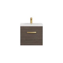 Royal Bathrooms Turin Grey Elm 500mm Wall Hung Vanity Unit 1 Drawer With Mid-Edge Basin Sink & Brushed Brass Handles - thumbnail 6