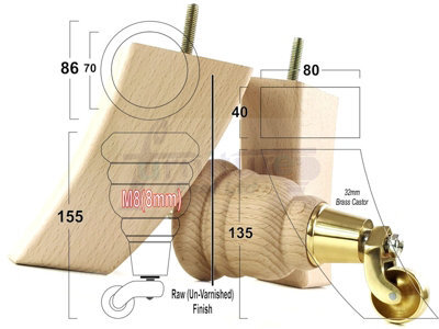 L&F Wood Furniture Feet 2X With Castors 2X Curved Back Replacement Legs For Sofas Chairs Stools Settees M8 - image 1