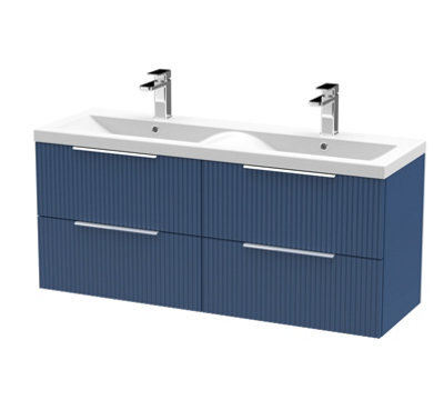 Hudson Reed Fluted Wall Hung 4-Drawer Vanity And Double Ceramic Basin, Premium Sink Vanity Unit, Satin Blue, 1200mm - image 1