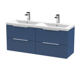 Hudson Reed Fluted Wall Hung 4-Drawer Vanity And Double Ceramic Basin, Premium Sink Vanity Unit, Satin Blue, 1200mm - thumbnail 5