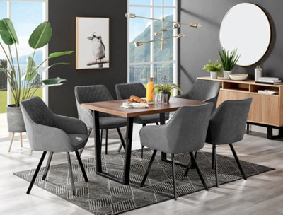 Furniturebox Kylo Brown Rectangular Wood Effect Dining Table & 6 Dark Grey Fabric Falun Black Leg Chairs - image 1