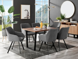 Furniturebox Kylo Brown Rectangular Wood Effect Dining Table & 6 Dark Grey Fabric Falun Black Leg Chairs - thumbnail 1