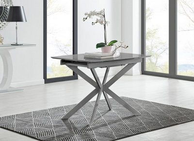 Furniturebox Lira Modern Rectangular Grey High Gloss Extending Dining Table 100Cm 4 Or 6 Seater With White Metal Starburst Legs - image 1