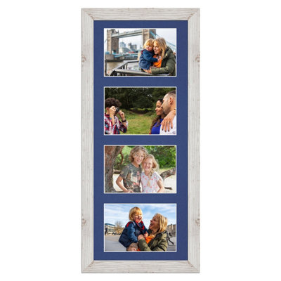 AK Frames 50X20Cm White Rustic Modern Multi Photo Frame With Blue Mount - Holds 4 Apertures (4X) 6X4 Photos - image 1