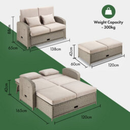 Vonhaus Reclining Garden Sofa Set & Outdoor Sun Bed, Rattan Effect Day Bed With 5 Recline Levels, Multi-Functional For Patio, Alba - thumbnail 8