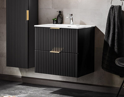 Impact Furniture Bathroom Vanity Unit With Basin Wall Hung Black 800mm Drawer Cabinet With Sink Ribbed Fluted Adel - image 1