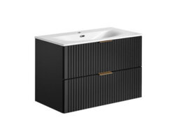 Impact Furniture Bathroom Vanity Unit With Basin Wall Hung Black 800mm Drawer Cabinet With Sink Ribbed Fluted Adel - thumbnail 3