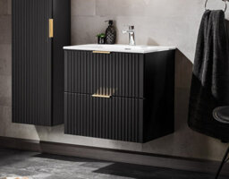 Impact Furniture Bathroom Vanity Unit With Basin Wall Hung Black 800mm Drawer Cabinet With Sink Ribbed Fluted Adel