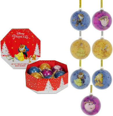 Widdop Gifts Disney Beauty And The Beast Set Of 7 Shatterproof Christmas Baubles, 7Cm, Gold And Silver