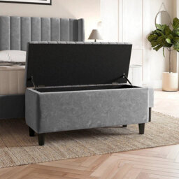 120Cm Lined Upholstered Ottoman Storage Box - Grey Plush Velvet Blanket Storage Box With Wooden Legs - thumbnail 2