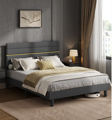Ledrem Upholstered Platform King Bed Frame, Adjustable Headboard, Solid Wood Slats, Metal Frame, For Bedroom, Dark Grey - image 1