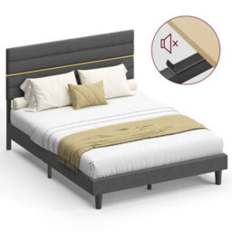 Ledrem Upholstered Platform King Bed Frame, Adjustable Headboard, Solid Wood Slats, Metal Frame, For Bedroom, Dark Grey - thumbnail 2