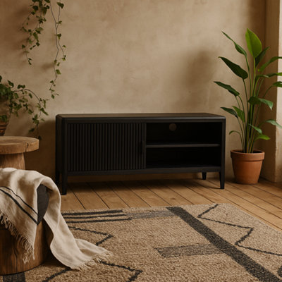 Wyld Haus Goiania Black Ribbed Wood 1 Door Tv Unit With Open Shelves And Compact Matt Finish - image 1