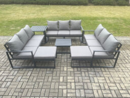 Fimous Aluminium Outdoor Garden Furniture Set Patio Lounge Sofa With Coffee Table Side Table 2 Big Footstools - thumbnail 2