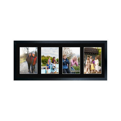 AK Frames 50X20Cm Black Sleek Multi Photo Frame With Black Mount - Holds 4 Apertures (4X) 6X4 Photos - image 1