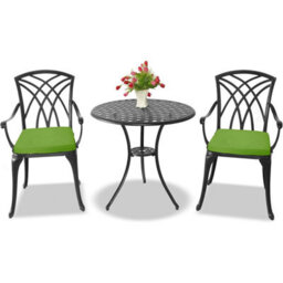 Centurion Supports Oshowa Black Garden And Patio Table And 2 Large Chairs Bistro Set - With Green Cushions