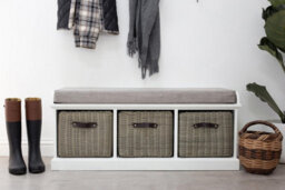 Statement Furniture Tetbury Bench With 3 Grey Faux Rattan Baskets And Grey Cushion- White