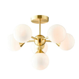 Semi Flush Ceiling Light Satin Brass Plate & Gloss White Glass 6 X 18W G9