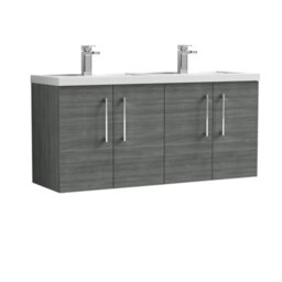 Balterley Level 1200mm Wall Hung 4 Door Vanity Unit & Double Polymarble Basin For Modern Bathroom Storage - Anthracite Woodgrain - thumbnail 1