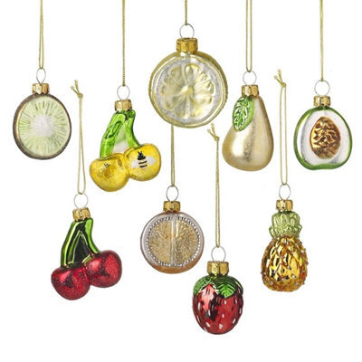 Heaven Sends Christmas Set Of 9 Glass Fruit Christmas Tree Decorations With Gold Twine, 5 X 6.5 Cm Each
