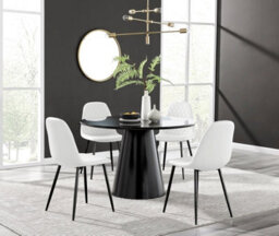 Furniturebox Uk Palma Black Semi Gloss Round Pedestal Dining Table & 4 White Faux Leather Corona Black Leg Chairs - thumbnail 1