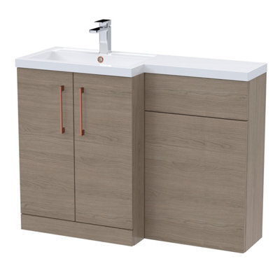 Balterley Left-Hand Bathroom Vanity And Wc Unit Combination With Basin - 1100mm - Woodgrain Mid Oak With Copper Handles