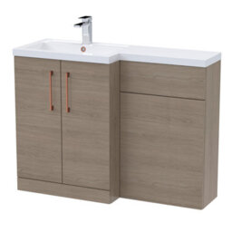Balterley Left-Hand Bathroom Vanity And Wc Unit Combination With Basin - 1100mm - Woodgrain Mid Oak With Copper Handles - thumbnail 1