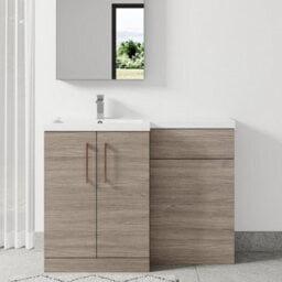 Balterley Left-Hand Bathroom Vanity And Wc Unit Combination With Basin - 1100mm - Woodgrain Mid Oak With Copper Handles - thumbnail 2